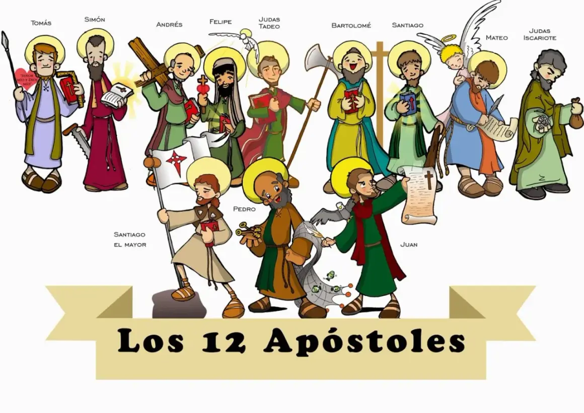 De twaalf apostelen van Jezus, elk met hun eigen symbool, zoals Petrus met de sleutels en Johannes met een adelaar.