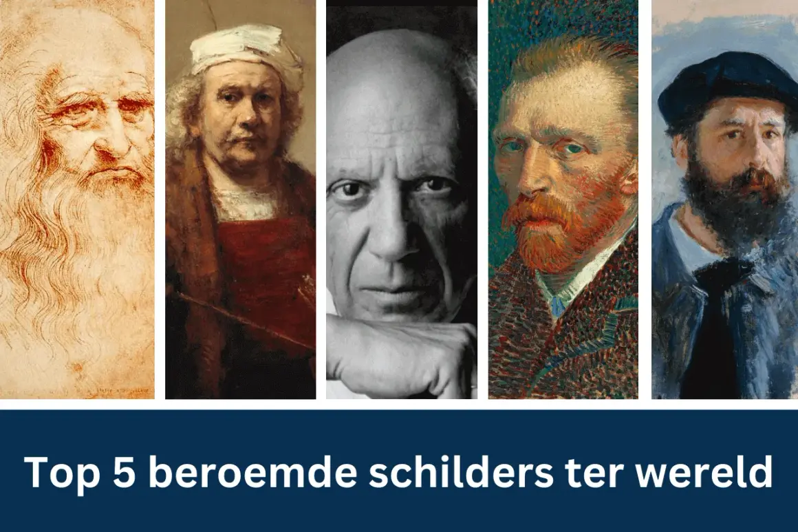 Portretten van bekende kunstenaars: Leonardo da Vinci, Rembrandt, Picasso, Van Gogh en Monet. Een eerbetoon aan meesters van de schilderkunst.