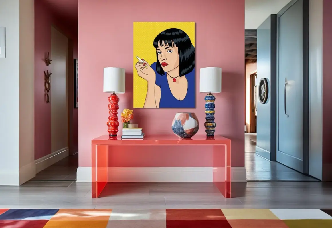 Pop art kenmerken: een vrouw met sigaret, felgekleurde meubels en een grafische print.