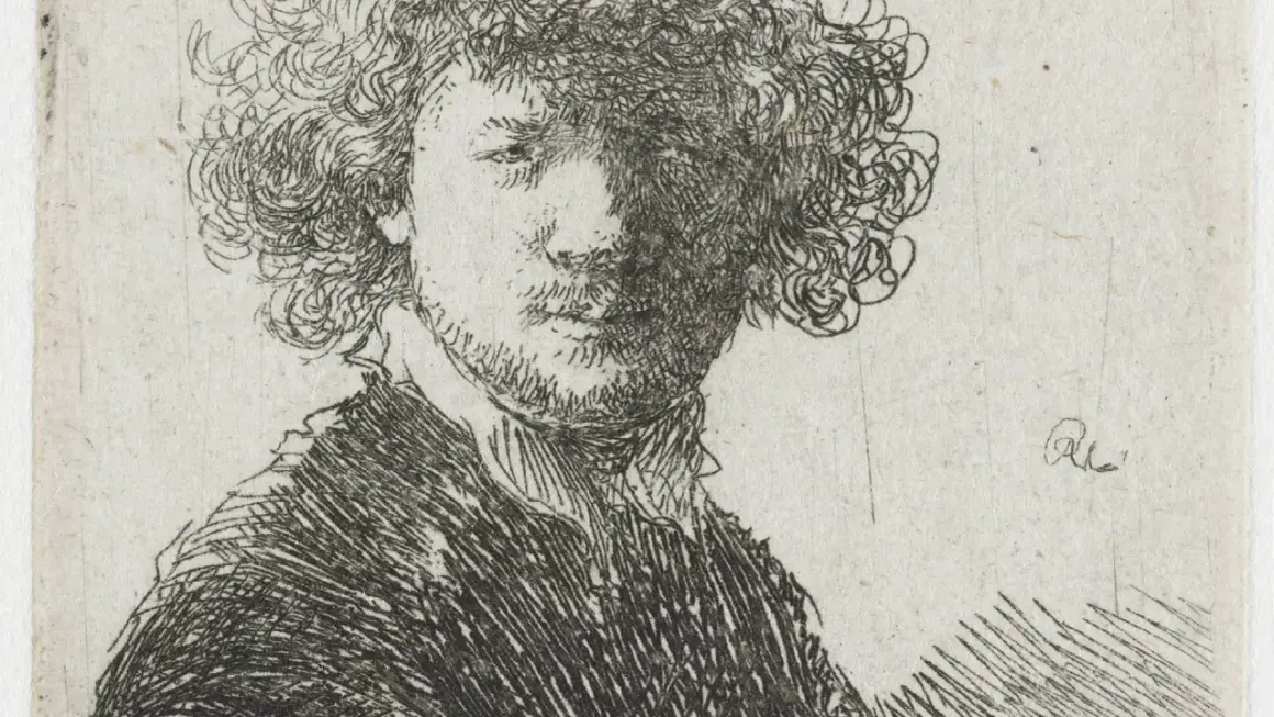 Een ruw, gedetailleerd Rembrandt zelfportret met krullend haar en een schaduw over het gezicht. De kunstenaar kijkt peinzend.