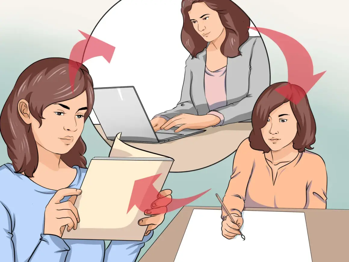 Portfolio afbeelding: Drie vrouwen werken aan hun taken. Eén leest een document, één typt op een laptop en één schrijft. Rode pijlen suggereren een cyclus van werk.