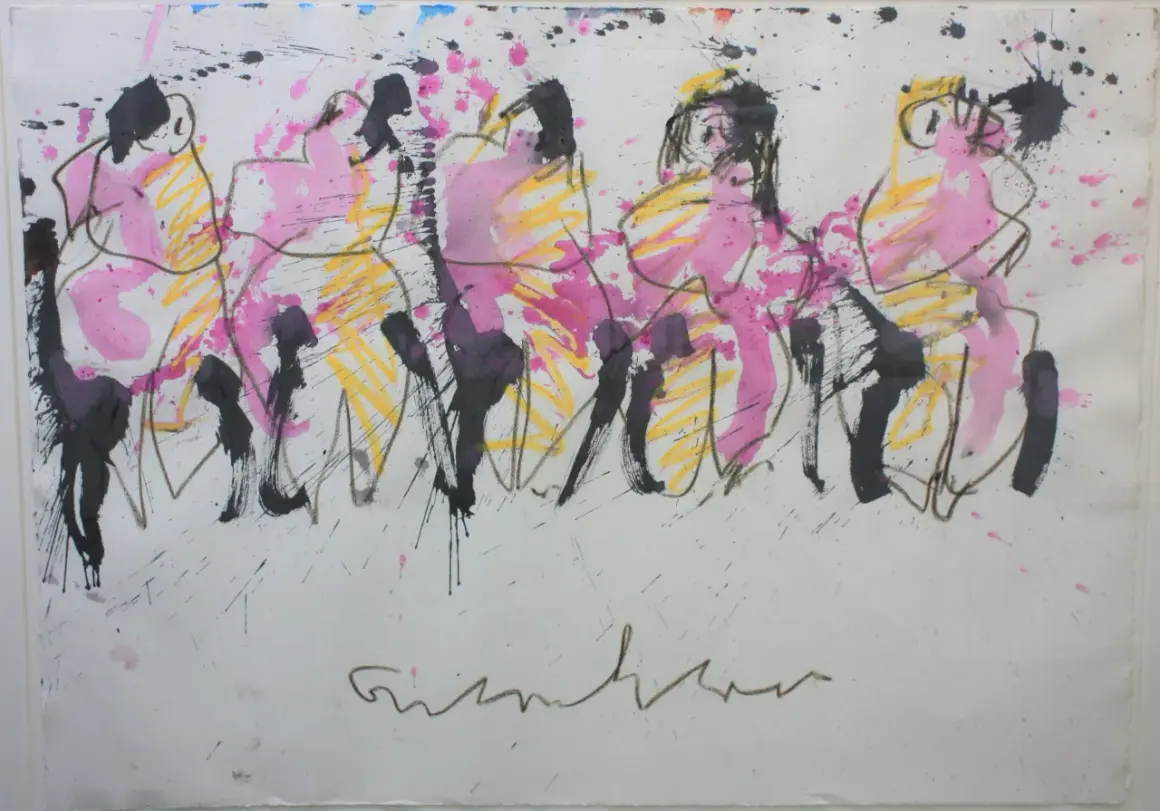 Abstracte figuren in roze en geel, met zwarte en paarse accenten. Een kenmerkende handtekening van Anton Heiboer onderaan.