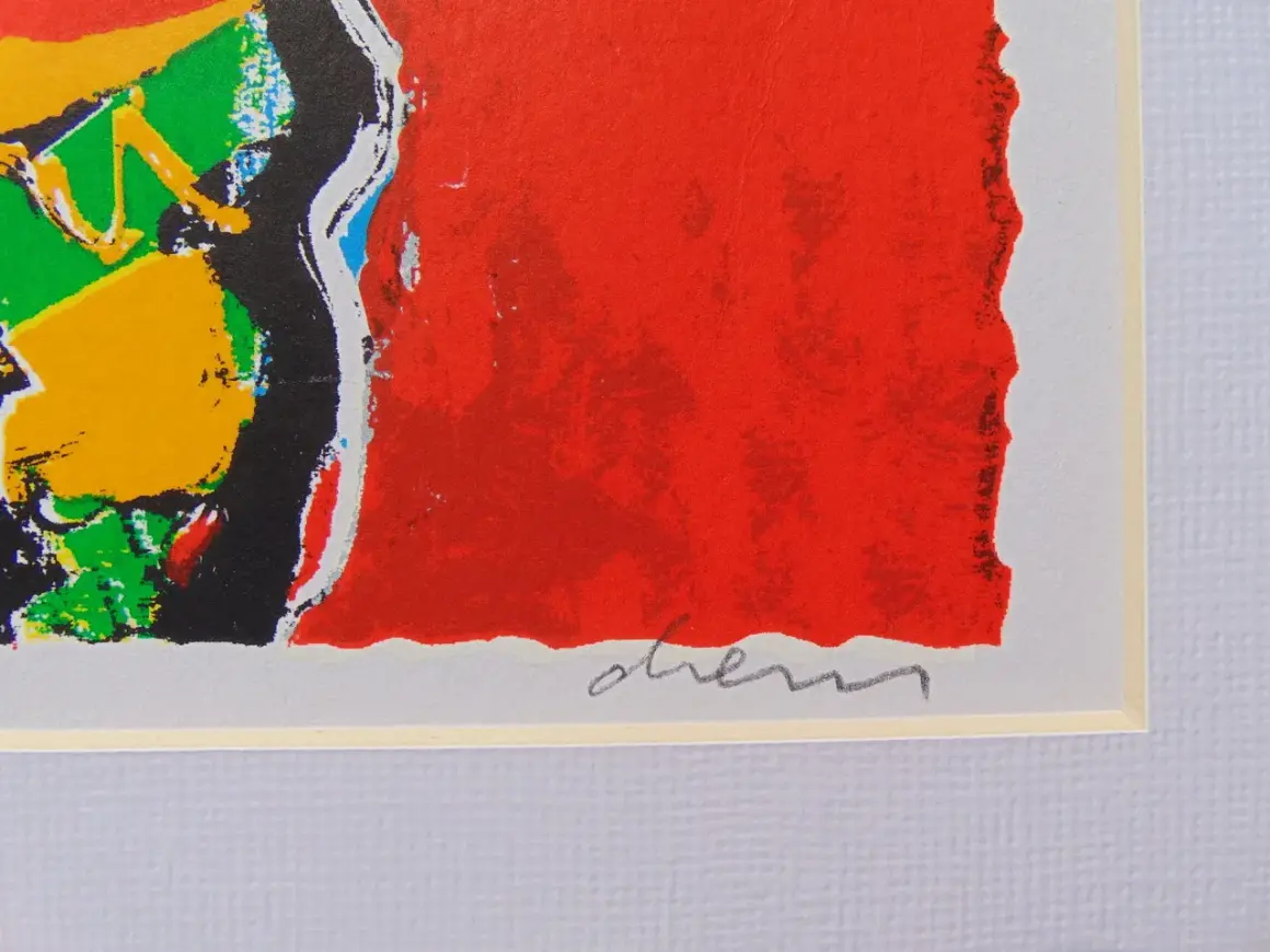Abstracte kleuren met een rode achtergrond en een handtekening van Peter Diem.