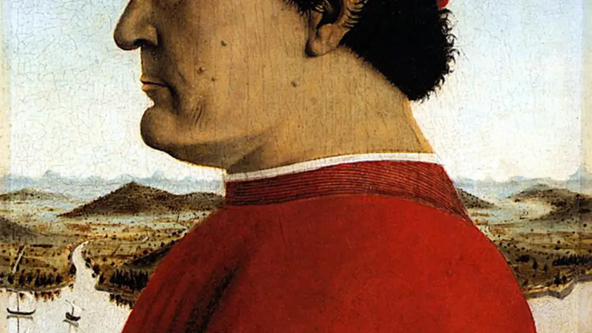 Een man in rood, met een landschap op de achtergrond. Een van de bekende portretten uit de Renaissance.