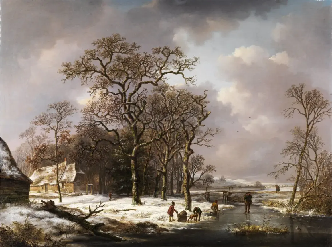A Dutch winter landscape with people skating on a frozen canal, a thatched cottage, and bare trees under a cloudy sky.
