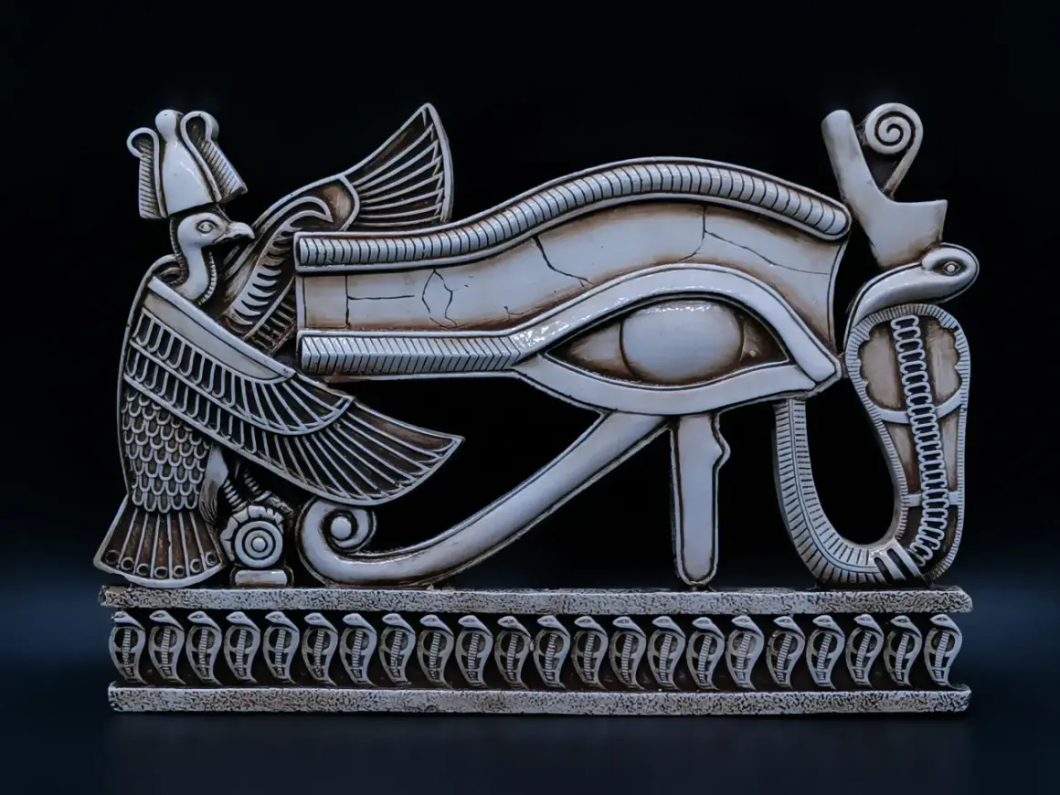 Een gedetailleerd beeld van het Oog van Horus, een symbool uit de Egyptische mythologie, met een vogelkop en slangen. Dit is een prachtig voorbeeld van oude bijbelse kunst.