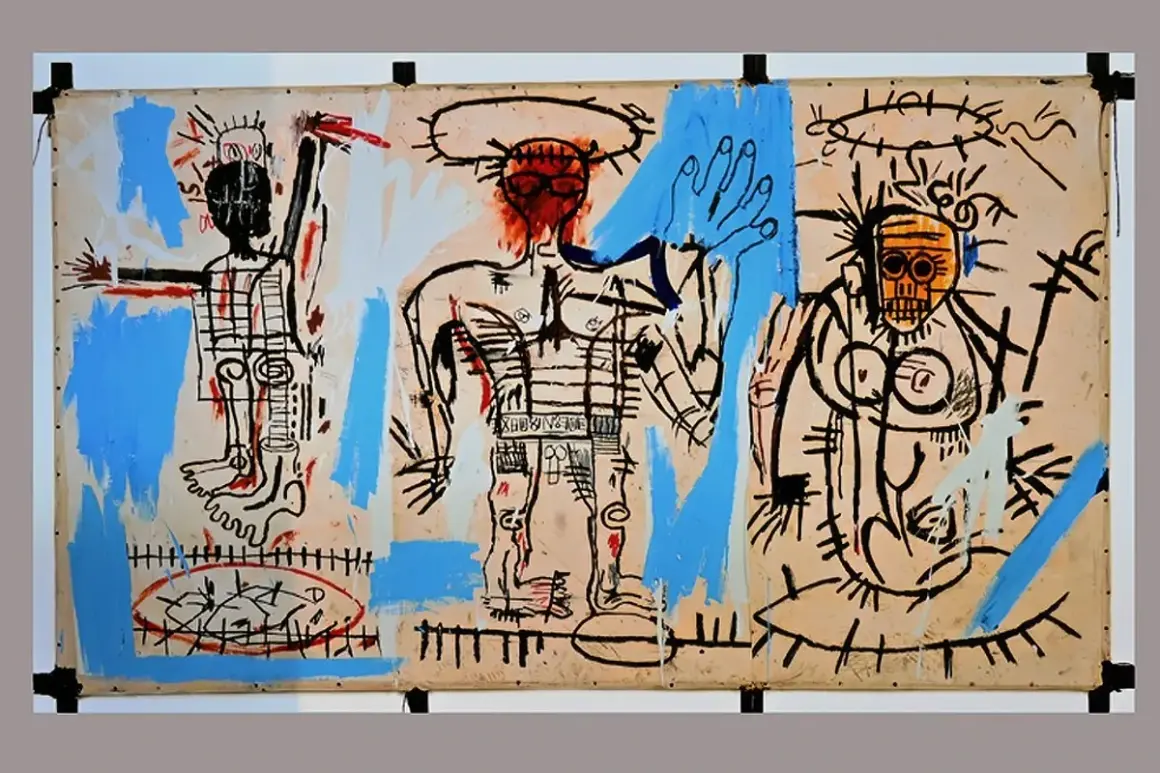 Drie figuren, op schaal, met primitieve lijnen en felle kleuren. Een Basquiat-achtig werk dat de menselijke vorm op een rauwe manier weergeeft.