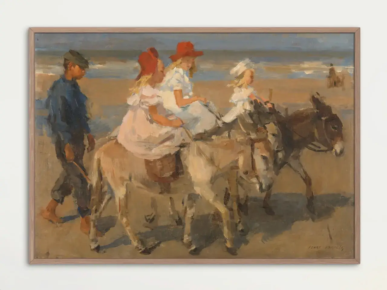 Een jongen in blauwe kleding begeleidt drie meisjes op ezels op het strand, een typisch tafereel van Isaac Israels strand.
