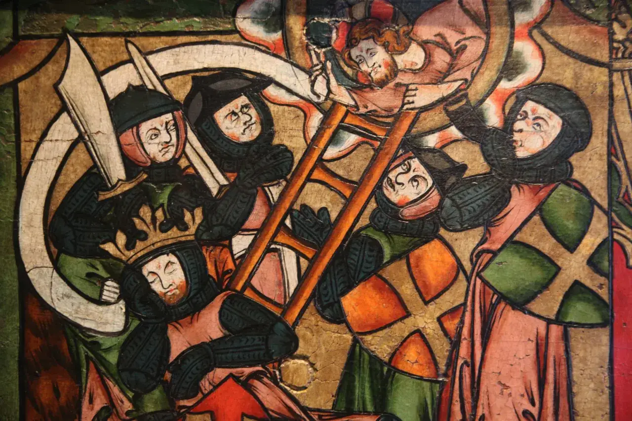Gedetailleerd fragment van middeleeuwse schilderijen met strijdende figuren, een ladder en symbolische elementen.