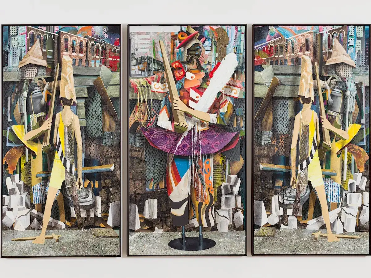 Een drieluik van Tjebbe Beekman met collage-achtige figuren en stadsgezichten, vol kleur en textuur.