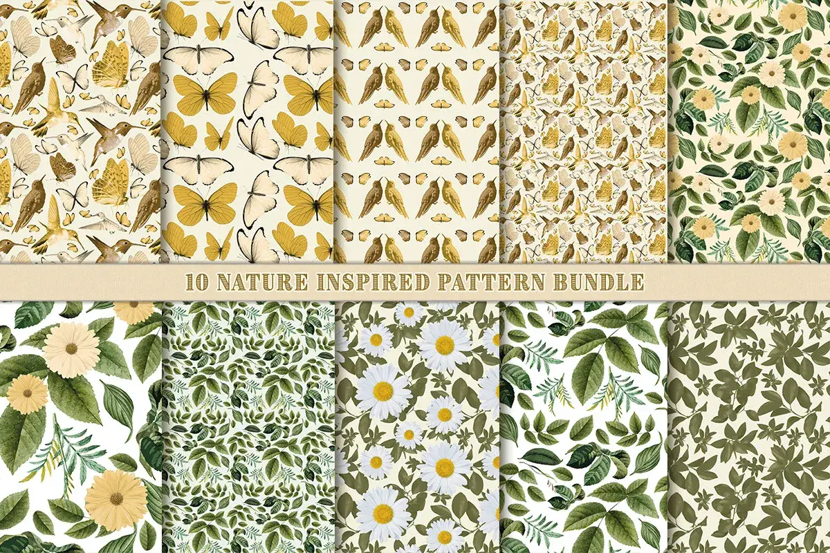 Diverse patronen in de natuur: vlinders, kolibries, vogels en bloemen in zachte tinten.