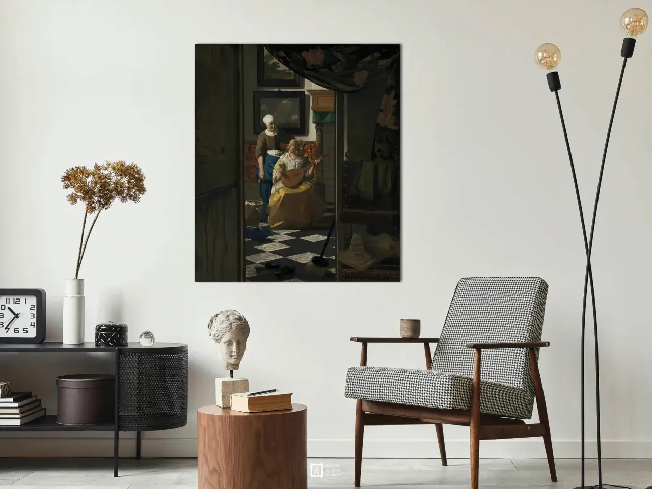 Een schilderij van Vermeer, 'de liefdesbrief vermeer', toont een vrouw die luit speelt, terwijl een dienstmeid een brief overhandigt.