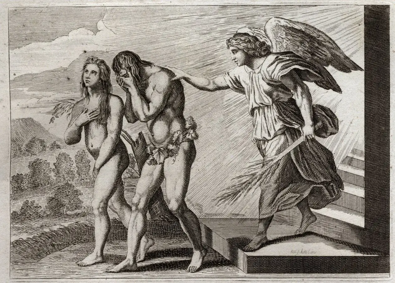 Adam en Eva, verdreven uit het paradijs, worden door een engel op weg geholpen. Verdriet en berouw op hun gezichten.