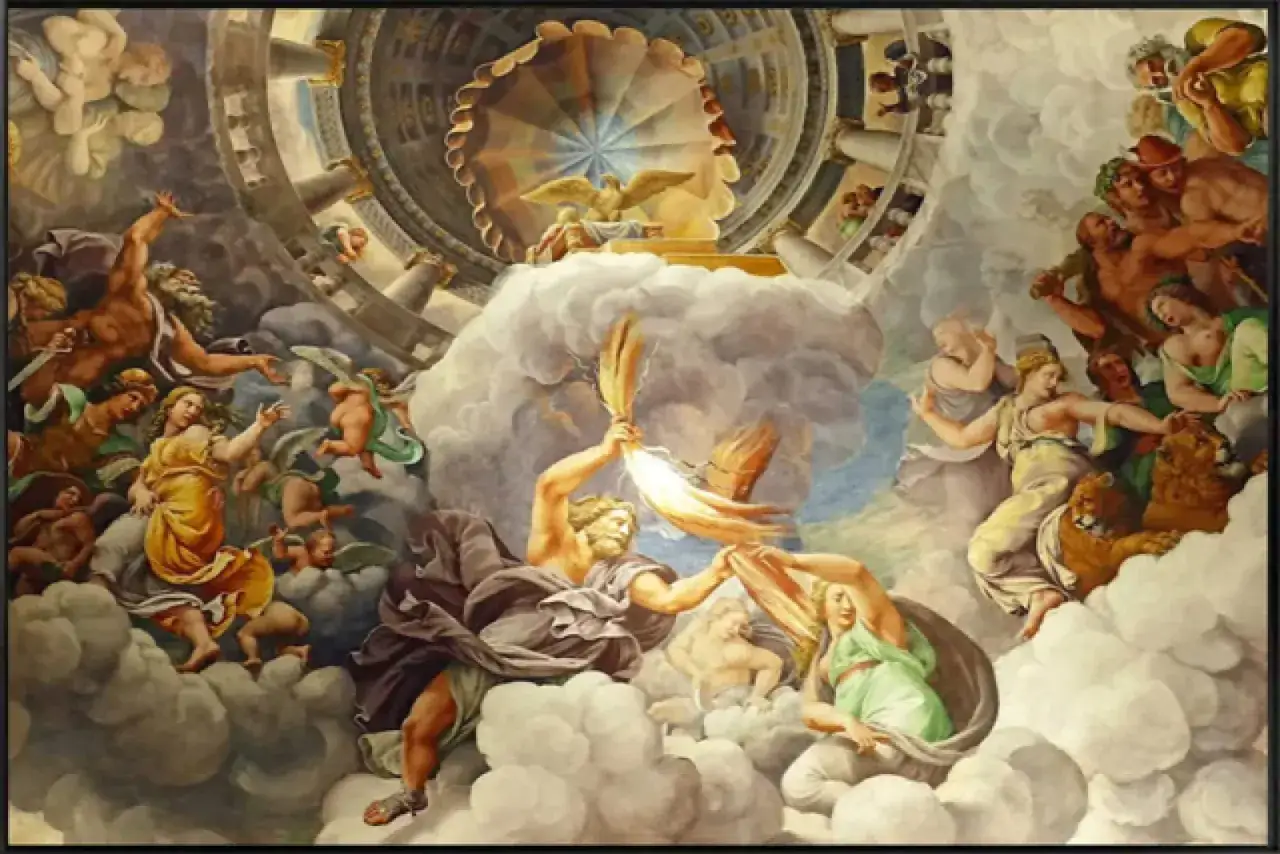 De goden omringen Zeus en Hera, de vrouw van Zeus, in een hemels tafereel.