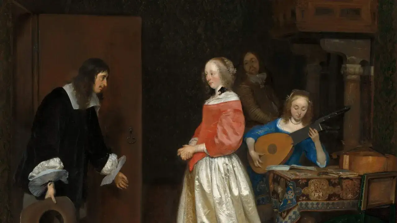 Een man in een zwarte jas, mogelijk een werk van Gerard ter Borch, opent een deur voor een dame in een rode jurk. Op de achtergrond speelt een vrouw luit.