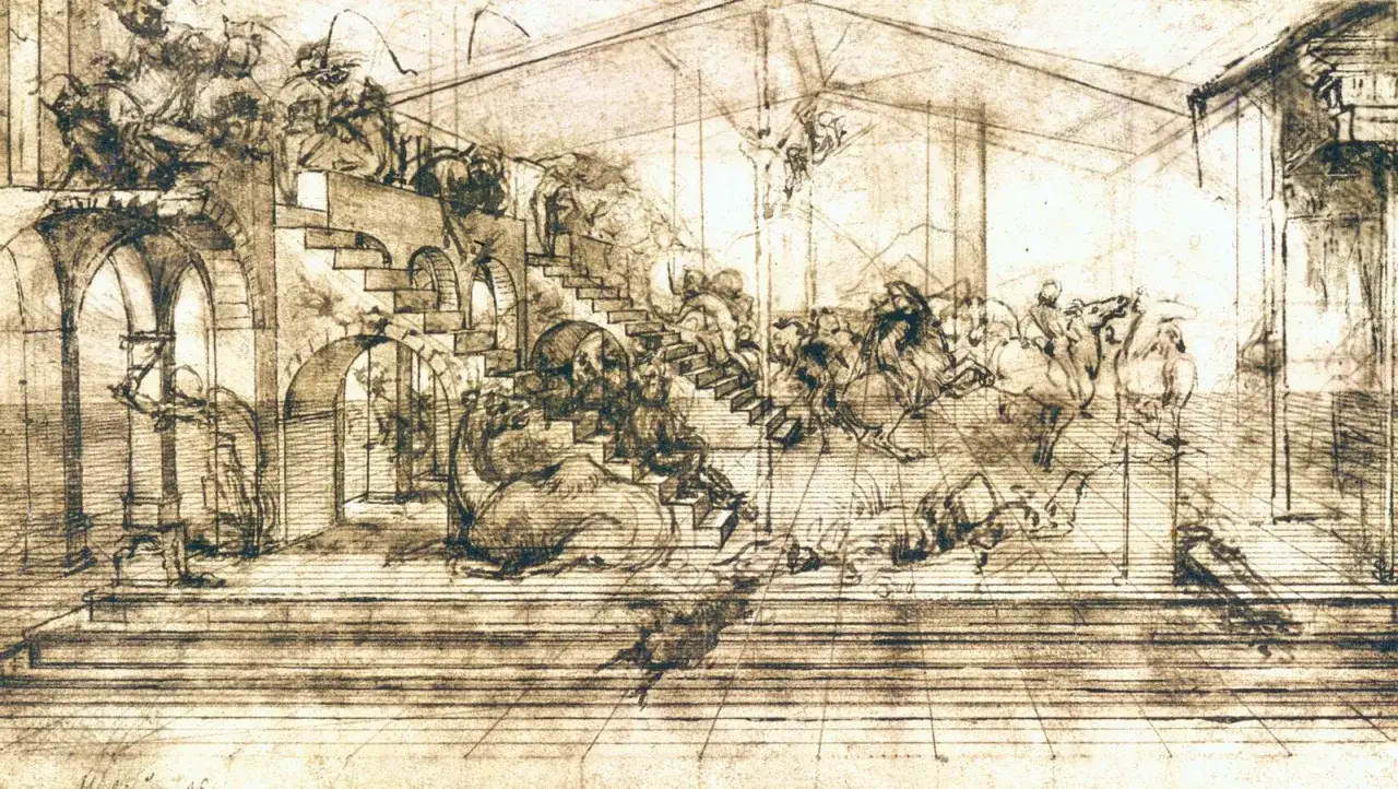 Schets van een strijdtafereel met paarden en ruiters, kenmerkend voor de dynamiek van renaissance kunst.