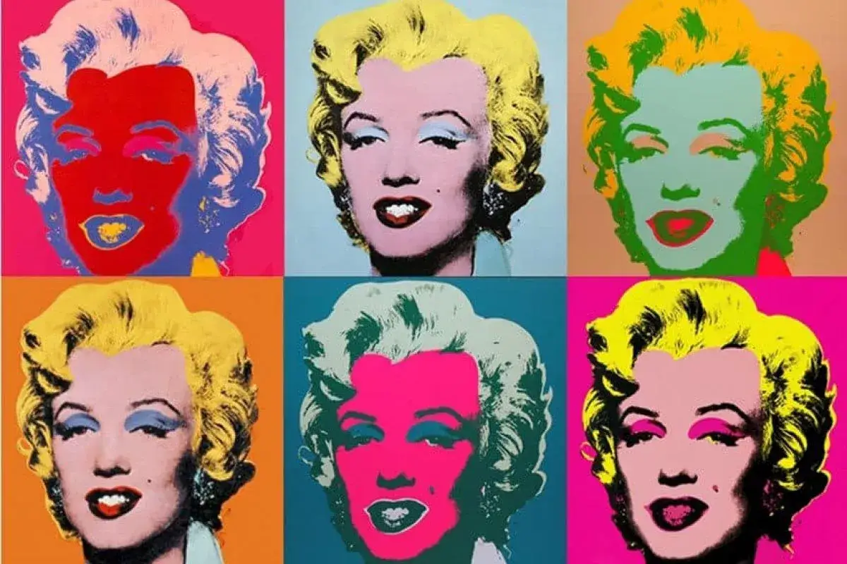 Zes kleurrijke, bekende portretten van Marilyn Monroe in pop-art stijl.
