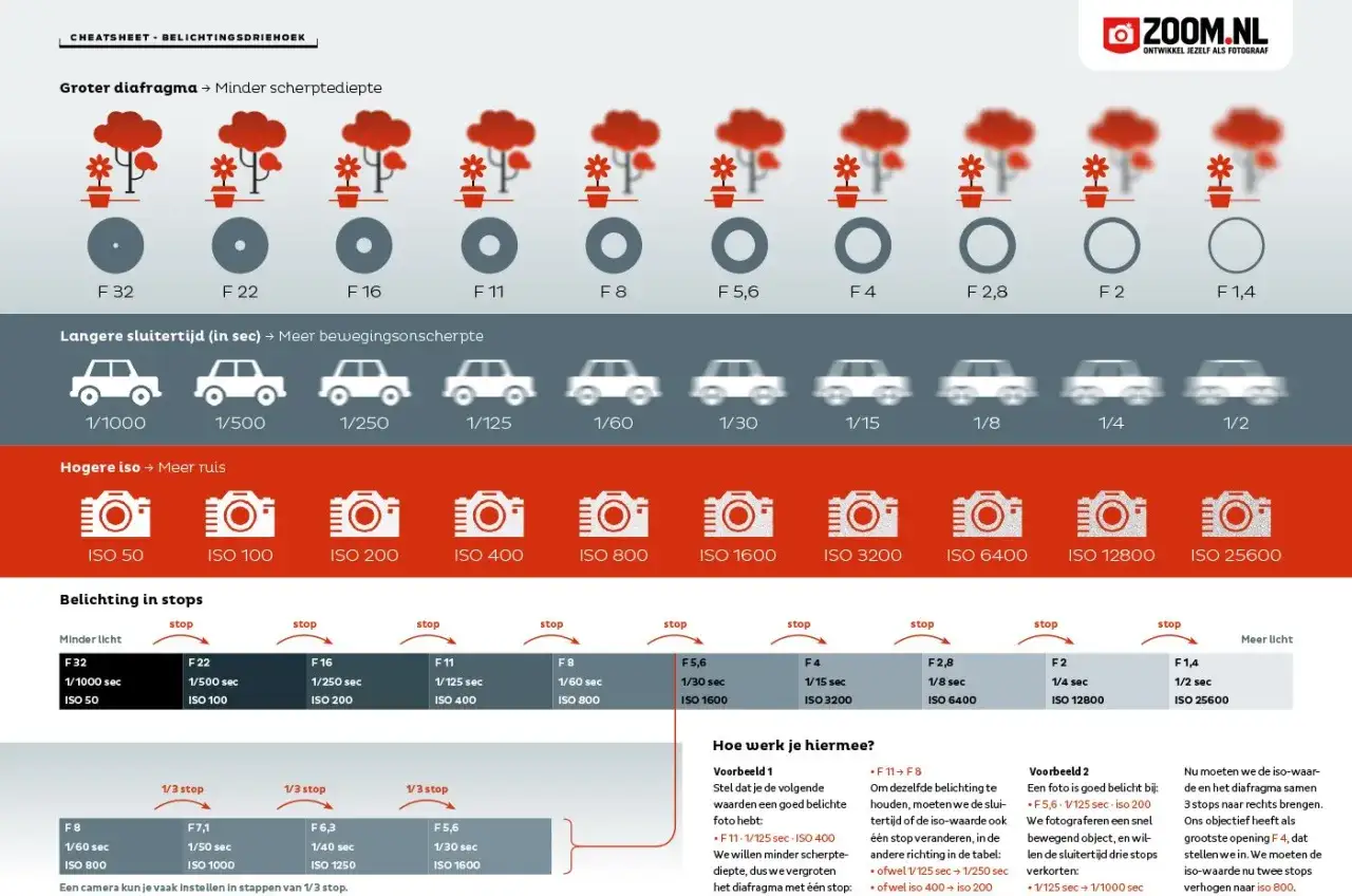 Overzicht van camera-instellingen: diafragma, sluitertijd en ISO. Leer hoe je de belichting aanpast met deze handige cheatsheet.