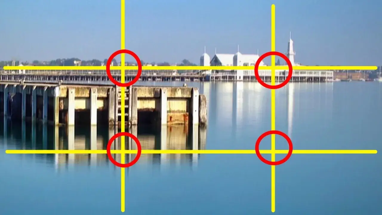 Een pier met een gebouw op de achtergrond, gefotografeerd met iPhone, met gele hulplijnen en rode cirkels die de compositie aangeven.