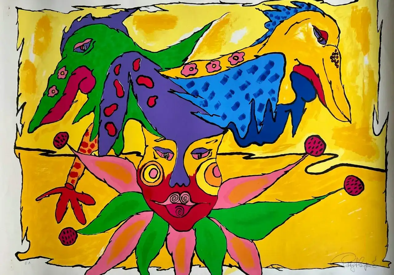 Levendige Patty Harpenau kunst met een clownachtig gezicht omringd door kleurrijke, dierlijke figuren.