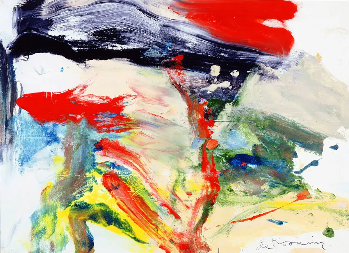 Abstract expressionisme van Willem de Kooning met felle kleuren rood, geel en blauw, met zwarte en witte strepen.