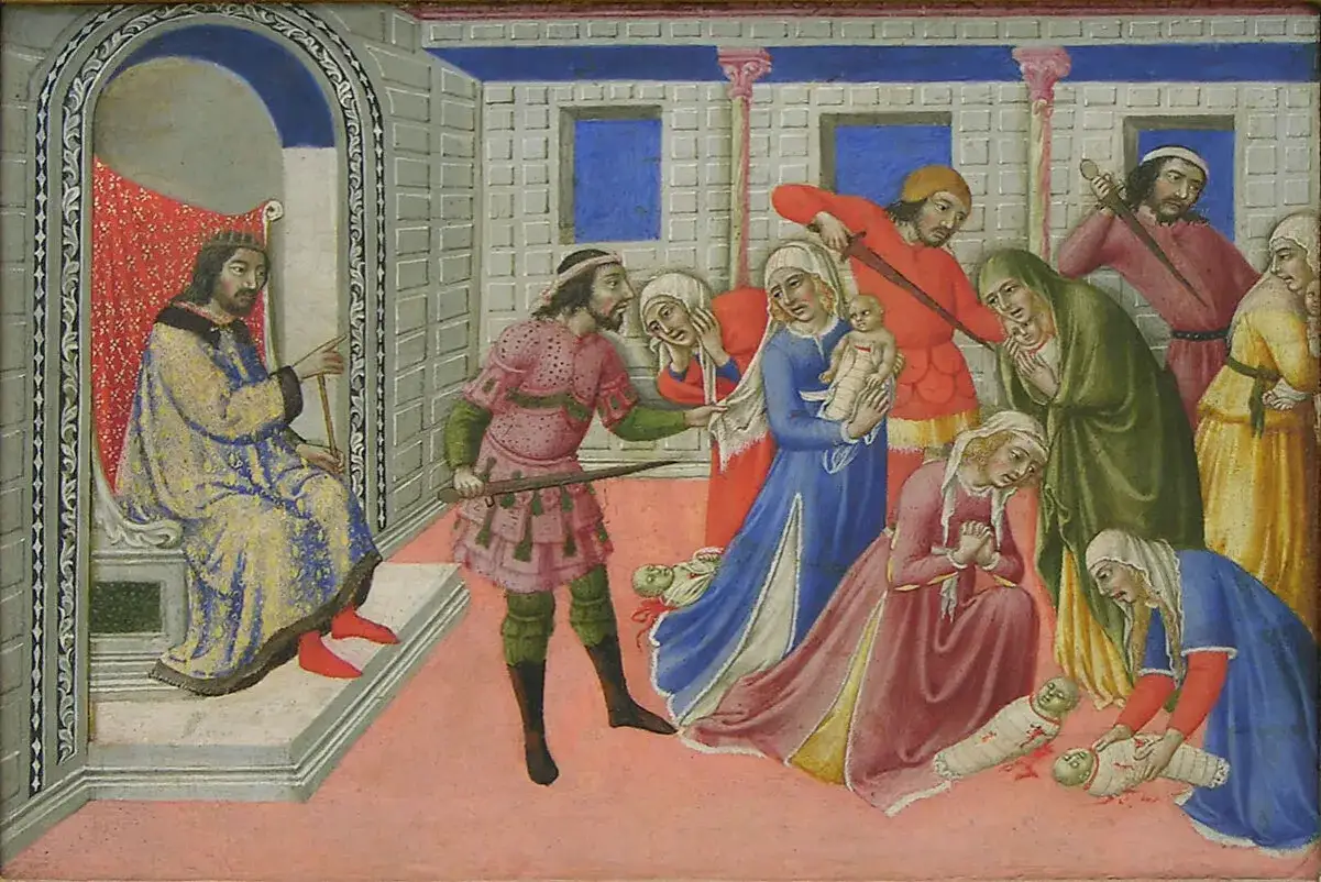 De kindermoord van Bethlehem: koning Herodes kijkt toe hoe soldaten baby's doden. Moeders huilen en smeken.