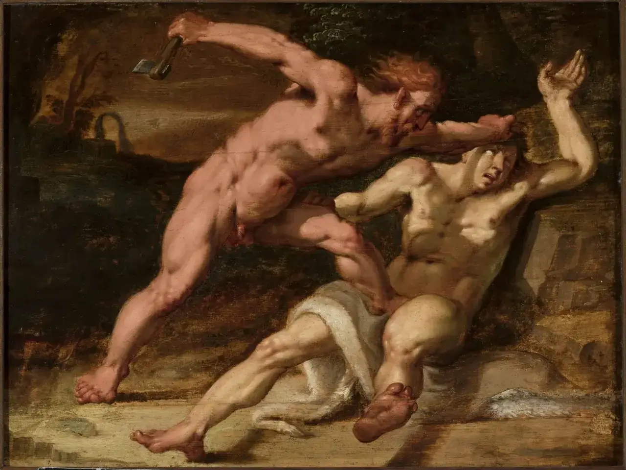 Kain slaat Abel neer met een bijl. Een dramatische weergave van de eerste moord, een verhaal dat de mensheid voor altijd zou veranderen.