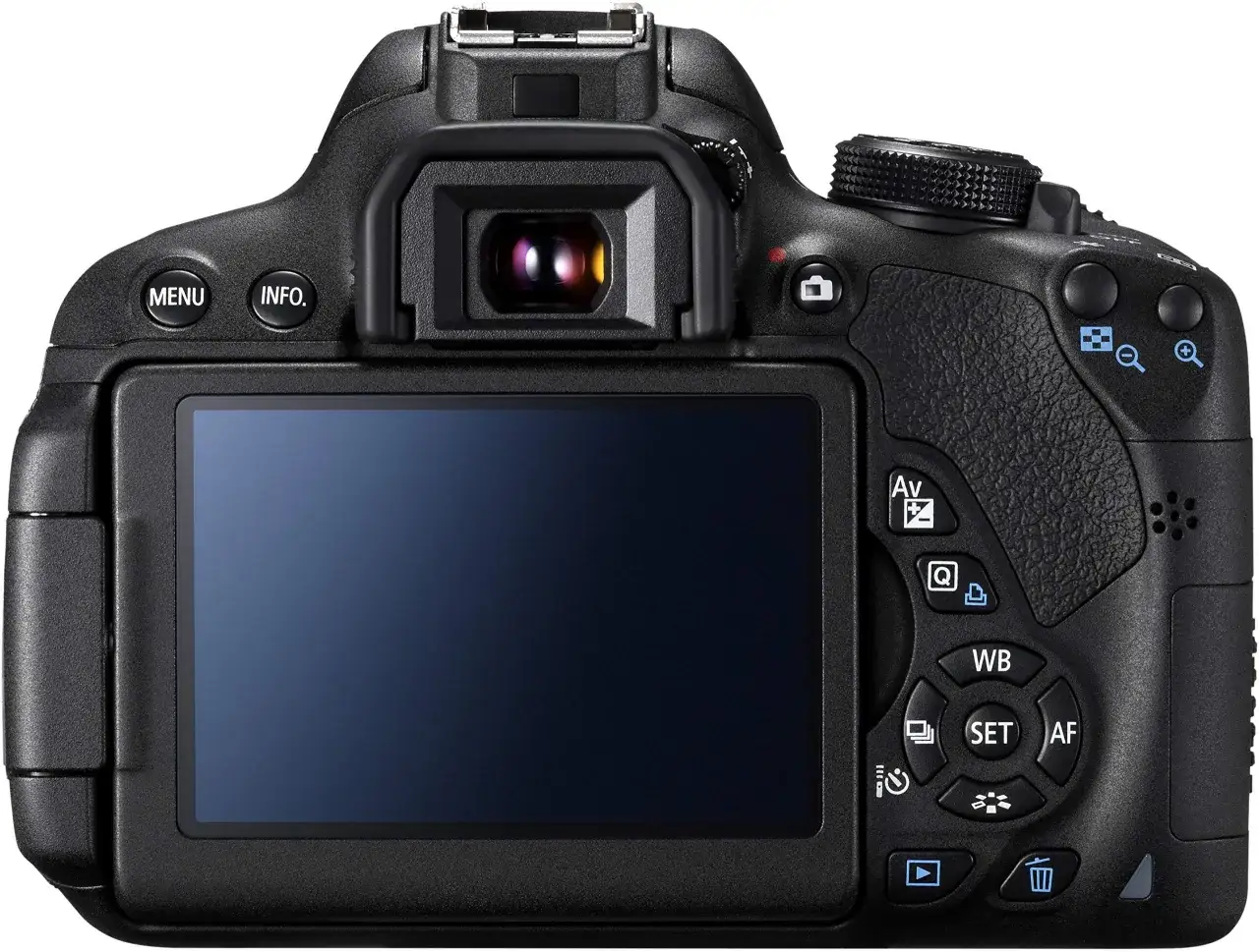 Achterkant van een Canon EOS 700D bouwjaar camera met scherm en knoppen.
