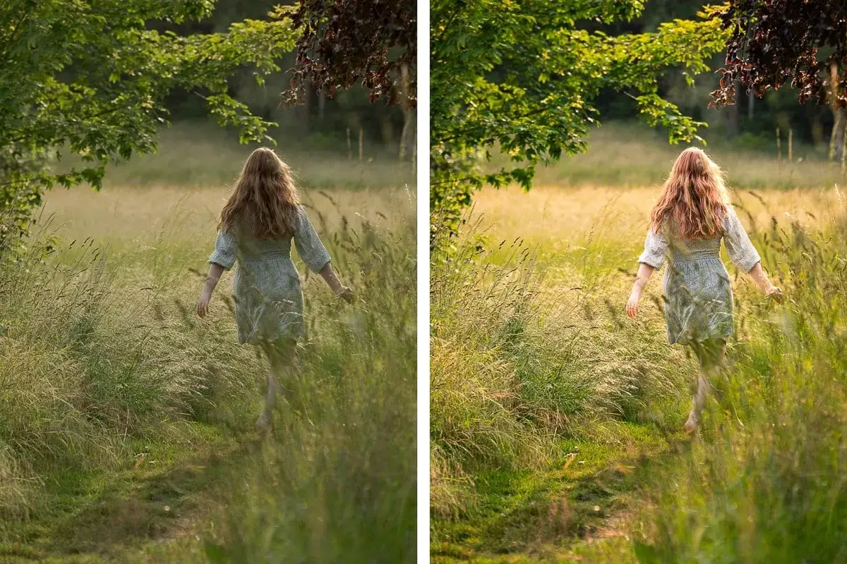 Twee foto's van een vrouw met lang, golvend haar die door een zonnig grasveld loopt. De foto's zijn aangepast, met een helderdere, warmere gloed in de rechterfoto.