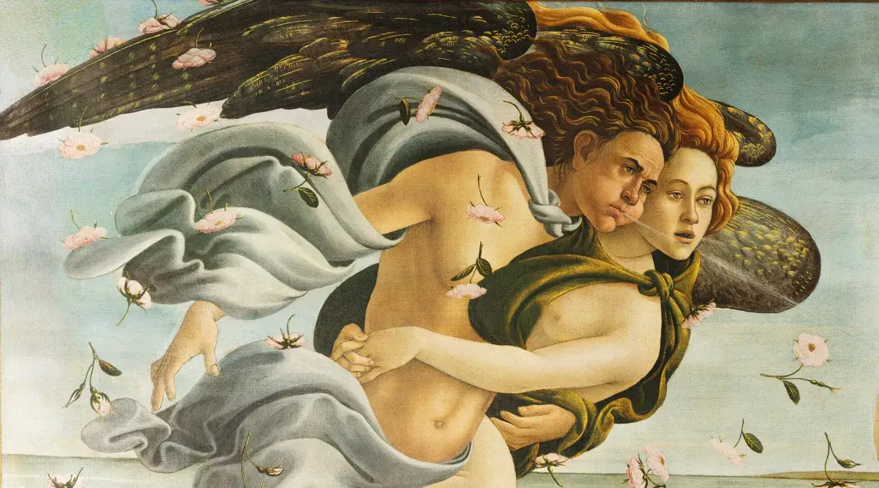 Een man met vleugels omhelst een venus vrouw, terwijl roze bloemen rondzweven.