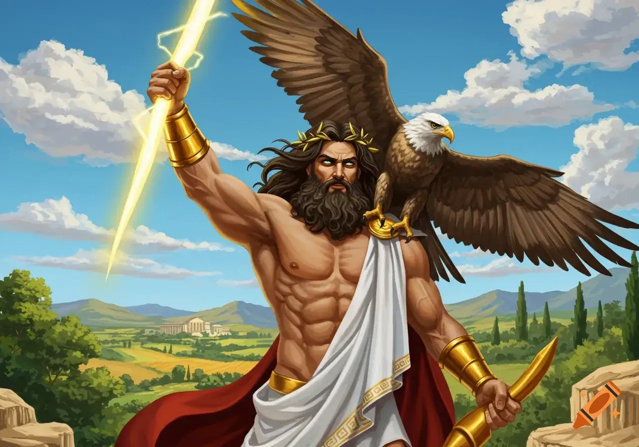 Machtige Zeus, met bliksemschicht en adelaar, heerst over het land. Zijn Romeinse naam is Jupiter.