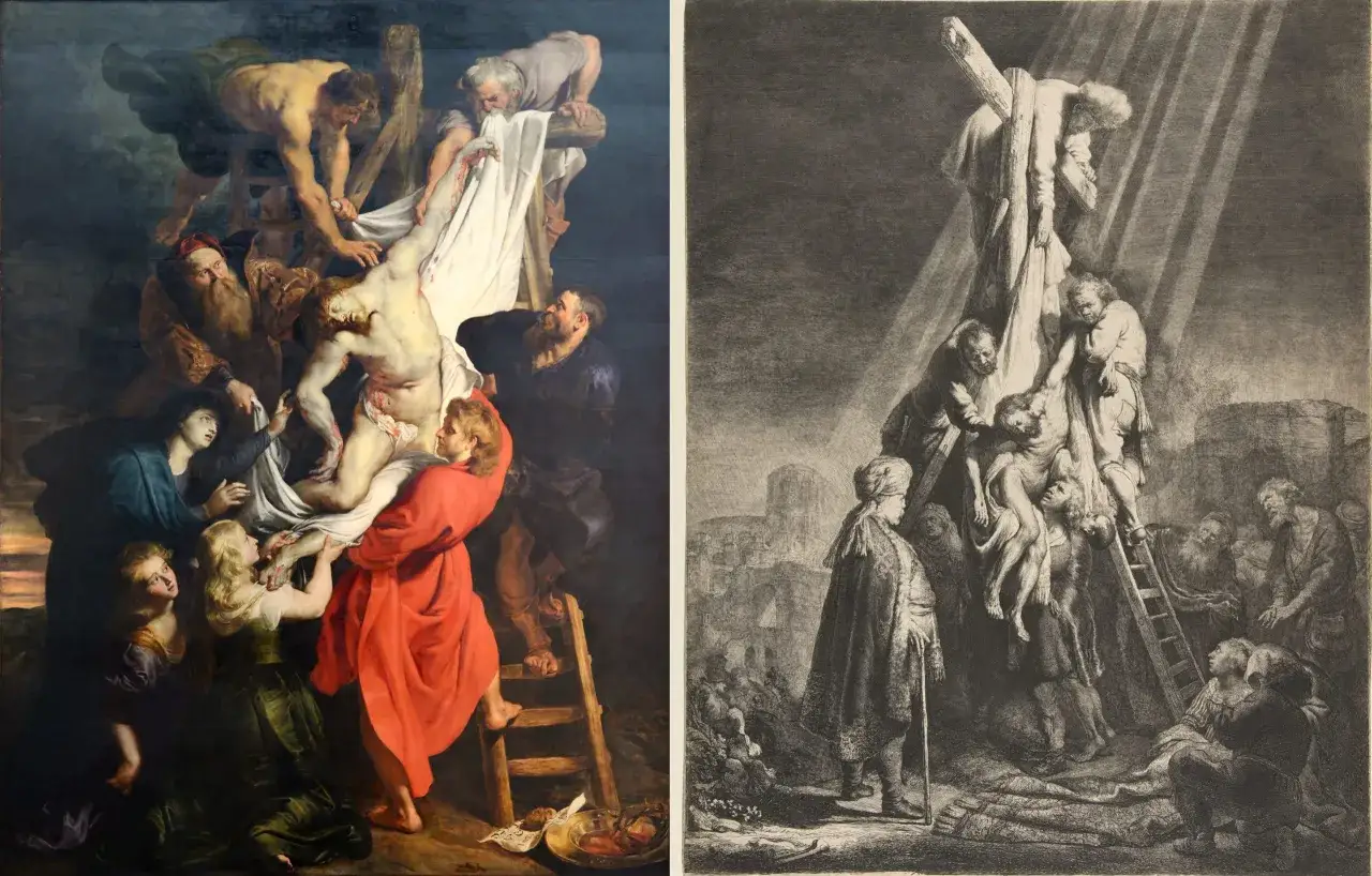 Twee dramatische sc&egrave;nes uit de barok periode: de ene een kleurrijk schilderij van de kruisafneming, de andere een ets met dezelfde sc&egrave;ne.