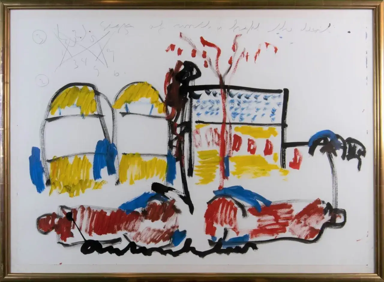 Abstracte compositie met twee gele bogen, rode en blauwe vormen, en een boom. Een figuur klimt op een ladder. Dit werk is van Anton Heiboer.