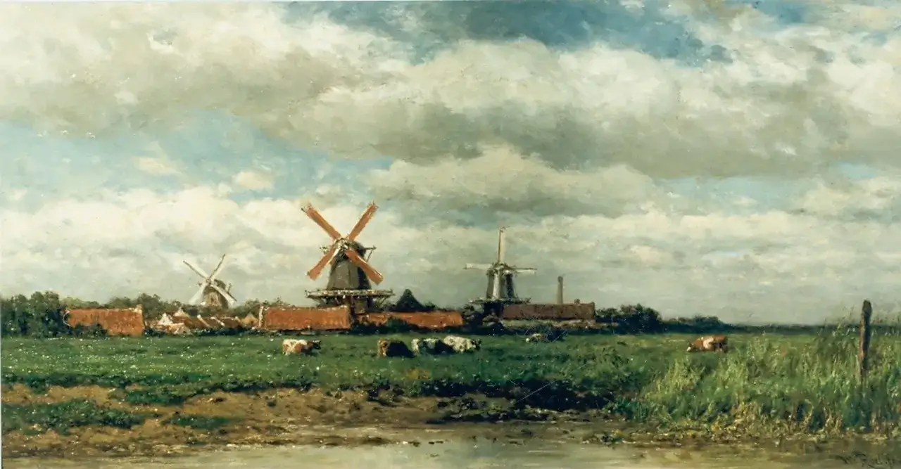Een klassiek Nederlands landschap met molens, koeien in de wei en een waterpartij op de voorgrond.