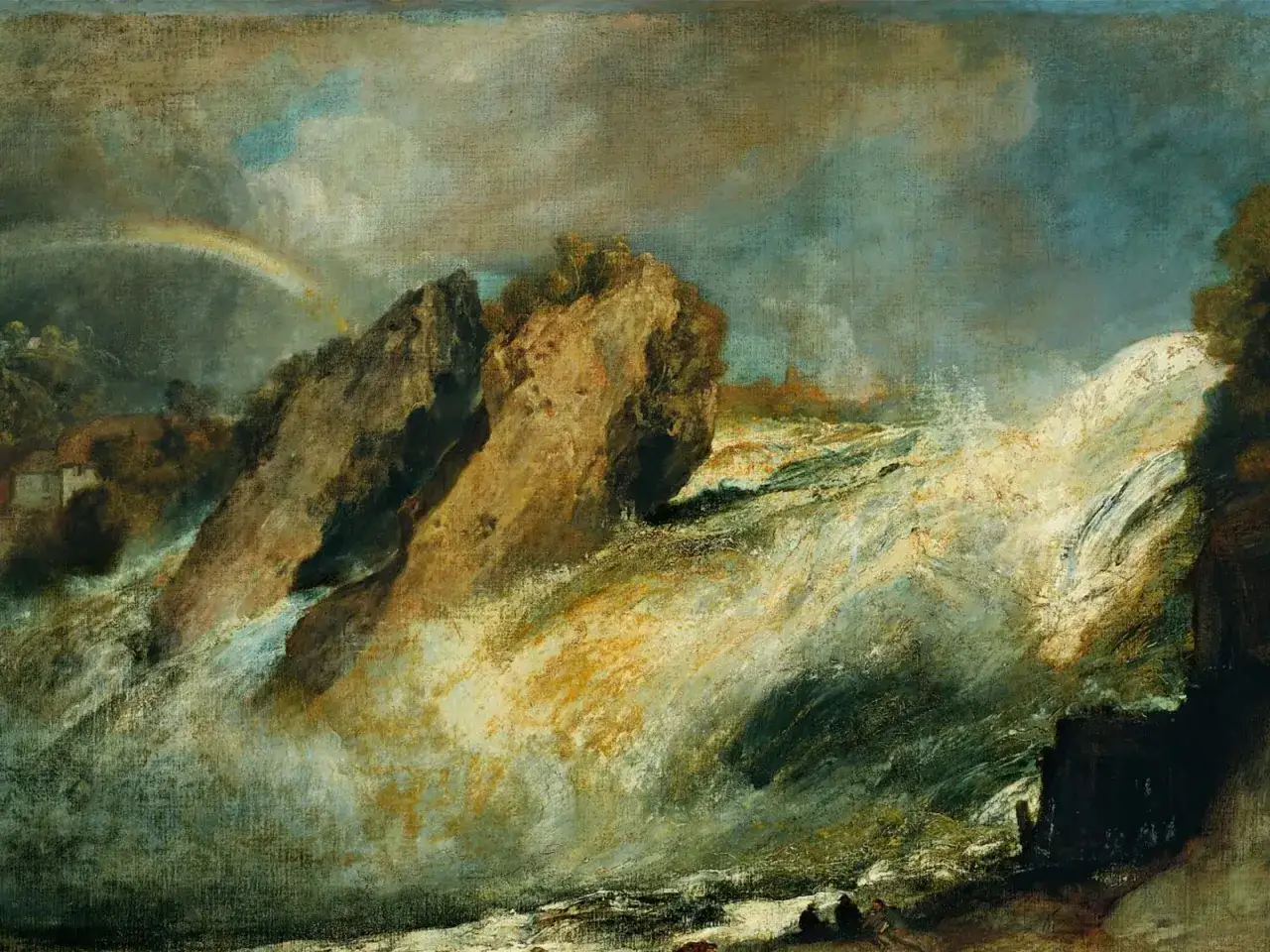 Dramatisch landschap met een woeste waterval, rotsen en een regenboog. Kleine figuren kijken toe vanaf de oever.