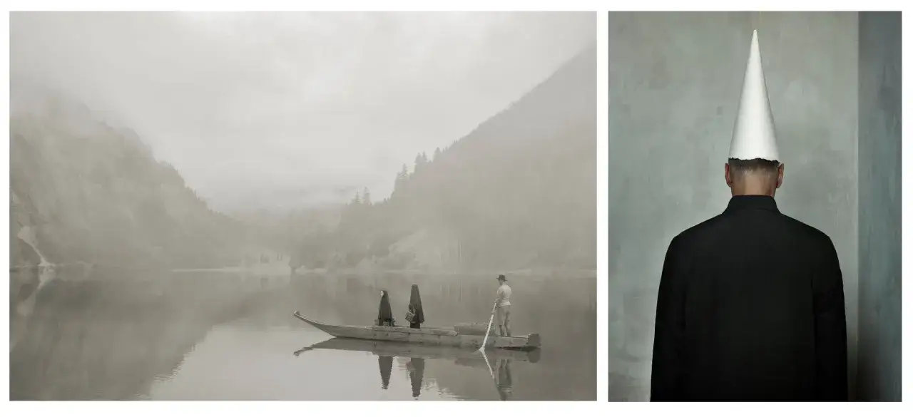 Twee delen van erwin olaf bekende werken: een boot met drie figuren op een mistig meer, en een man met een puntmuts tegen een grijze muur.