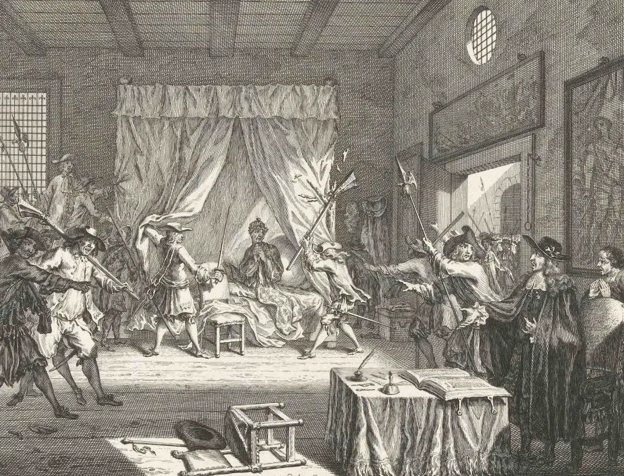 Een woedende menigte met wapens dringt een slaapkamer binnen. Dit gebroeders de Witt schilderij toont de arrestatie van de gebroeders De Witt.