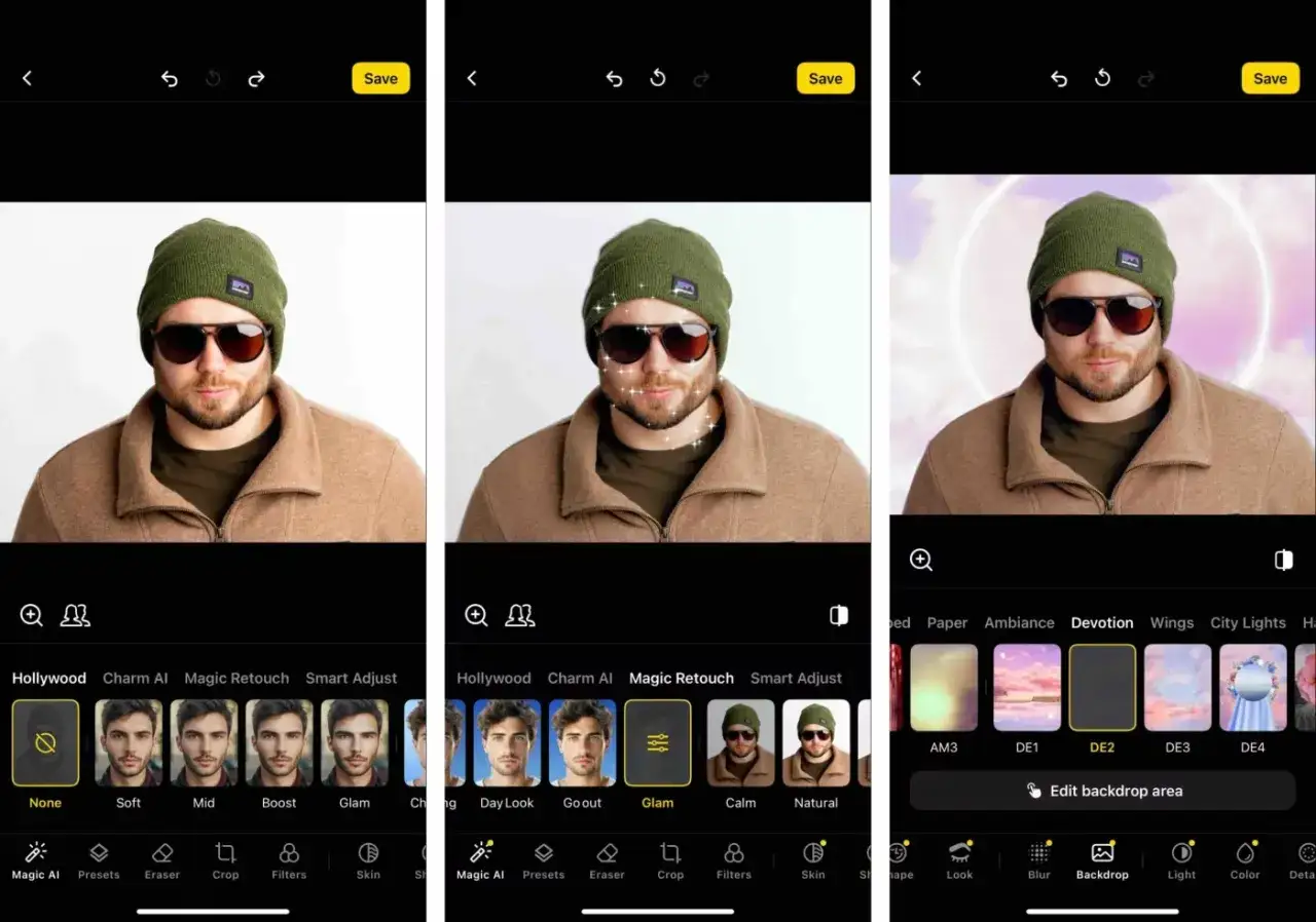 Man met zonnebril en muts wordt bewerkt in een foto bewerken app. Verschillende filters en achtergronden worden getoond.