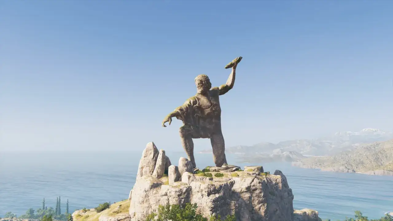 Kolossaal beeld van de griekse oppergod Zeus, staand op een rots met de zee en bergen op de achtergrond.