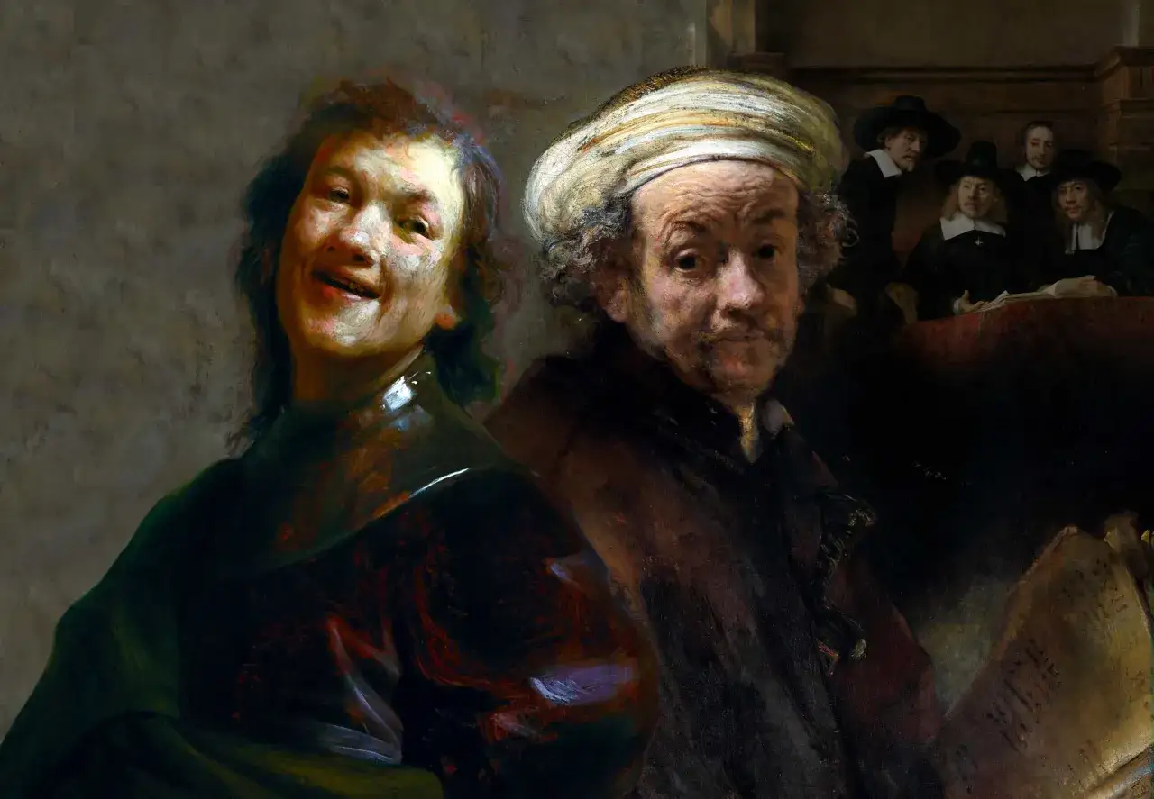 Een collage van historische figuren: een lachend gezicht met donker haar, een man met tulband en een groep mannen in zwarte kledij met hoeden.