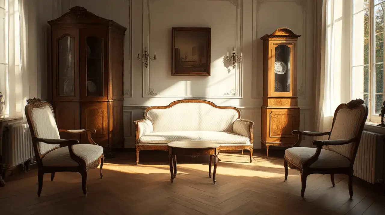 Een salon in biedermeier stijl met een bank, twee stoelen, een salontafel en kasten.