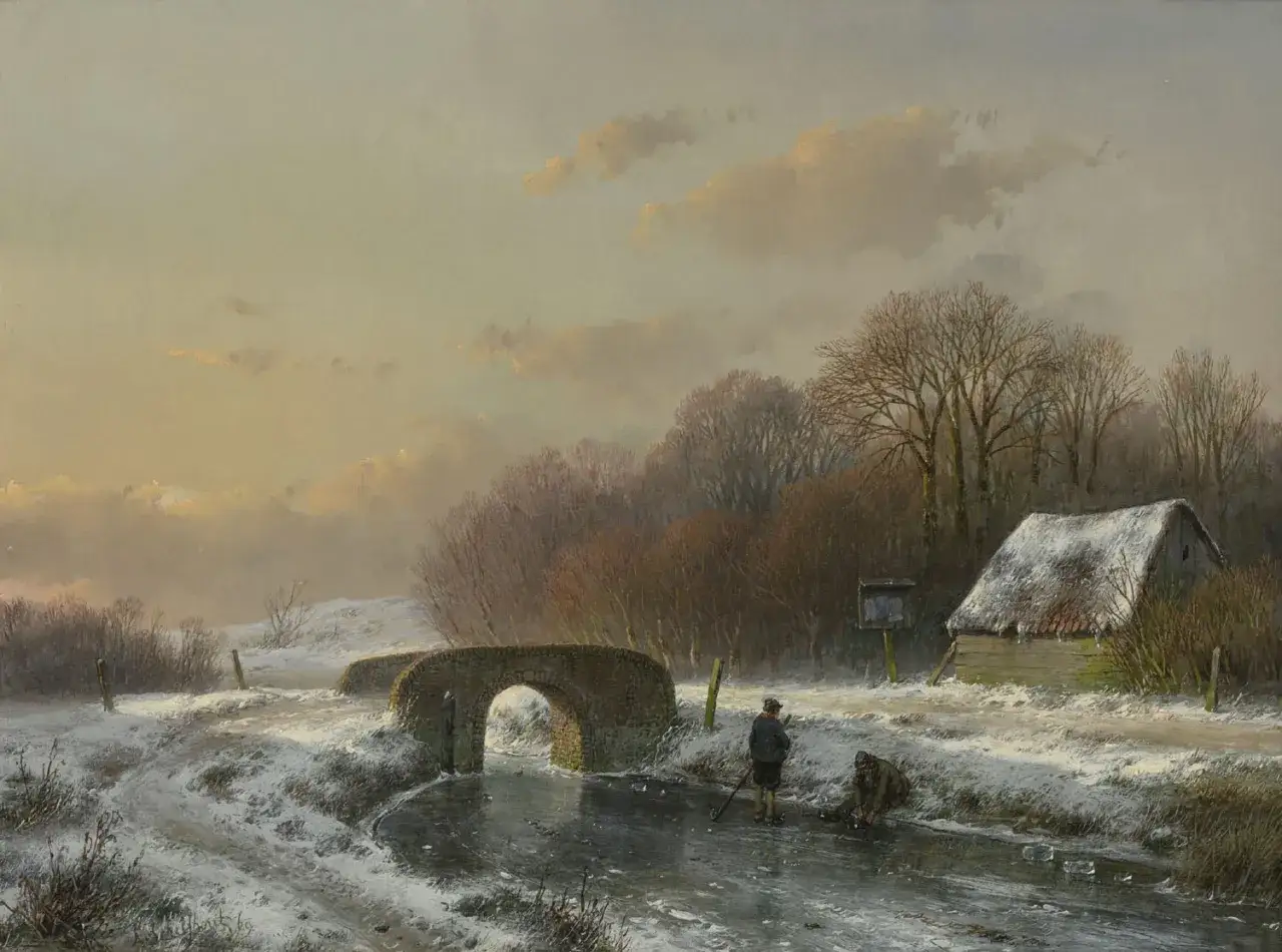 Winterlandschap met brug en schaatsers, in de stijl van Andreas Schelfhout. Een besneeuwd pad leidt naar een stenen brug over een bevroren kanaal.
