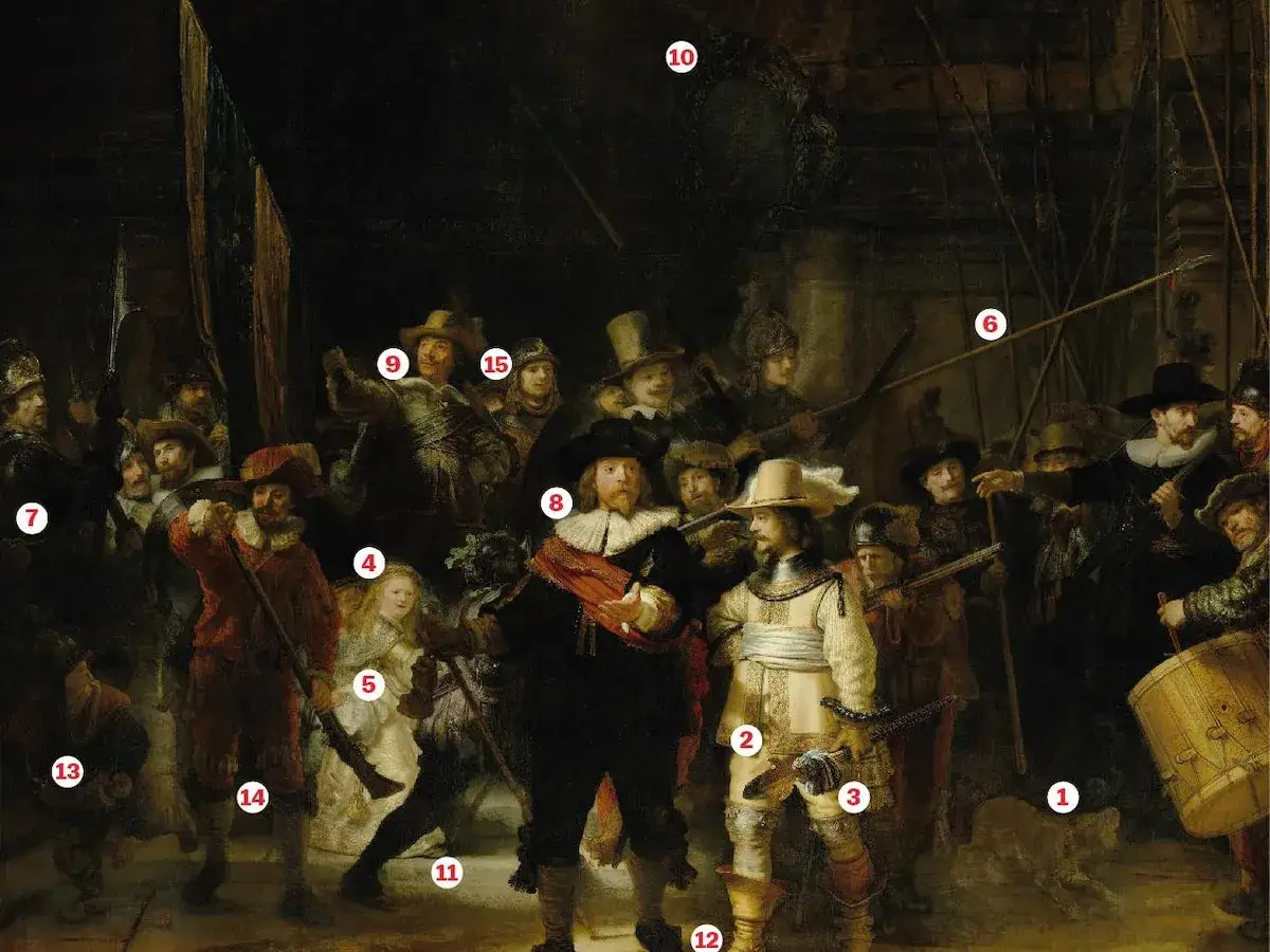 Het beroemde nachtwacht schilderij van Rembrandt toont een levendige groep schutters in actie, met een opvallend meisje in het midden.