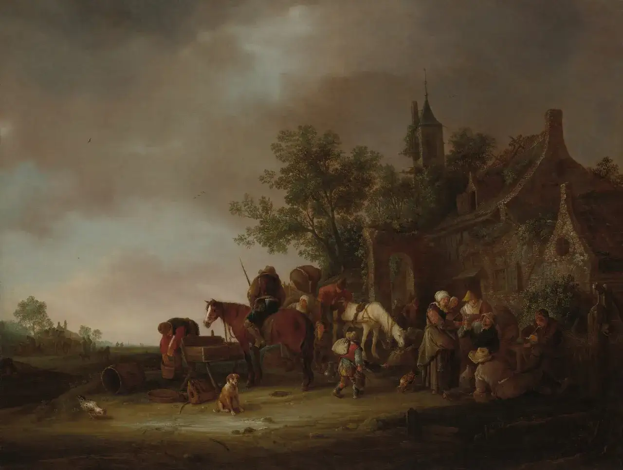 Een levendige sc&egrave;ne van Van Ostade met mensen, paarden en kippen bij een herberg onder een dreigende hemel.