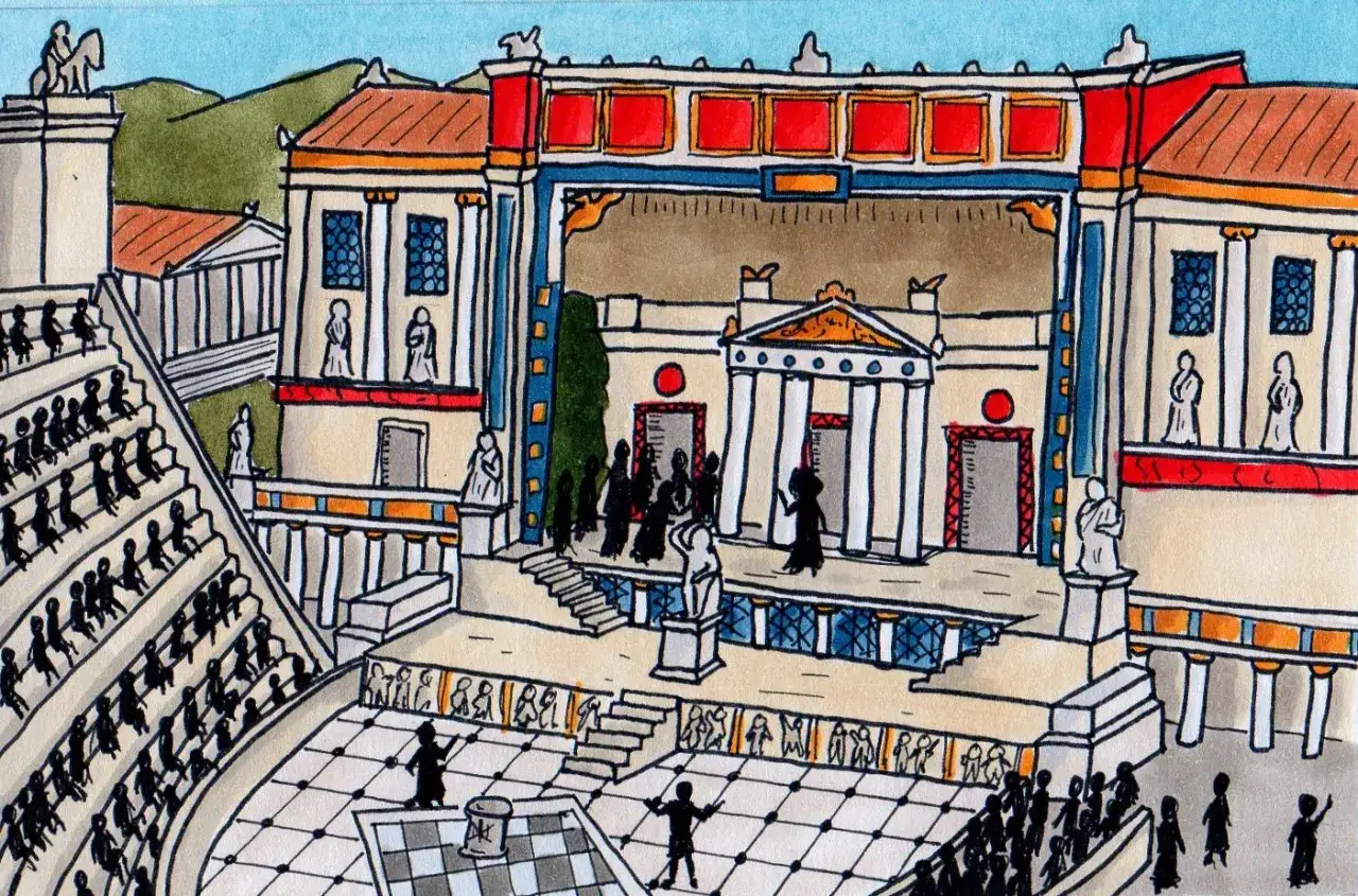 Een Romeins theater met een schaakbord op het podium, waar de griekse god van de wijn, Dionysus, mogelijk een spel speelt met de toeschouwers.