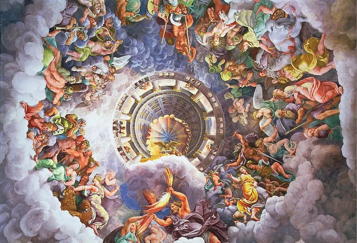 Hemels tafereel met figuren die de griekse goden namen uitbeelden, zwevend in wolken rond een koepel.