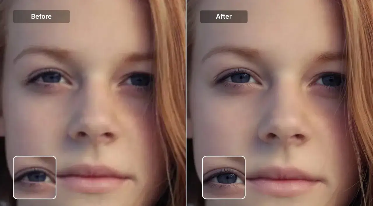 Vergelijking van een wazige foto met een scherpe foto, die laat zien hoe maak je een foto scherper. De ogen en huidtextuur zijn duidelijker in de 'na' versie.