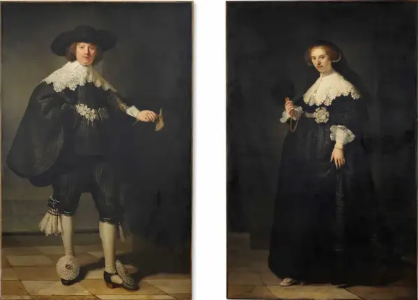 Marten en Oopjen, een rijk geklede man met hoed en cape, en een vrouw in een zwarte jurk met kant, staan naast elkaar in dit dubbelportret.