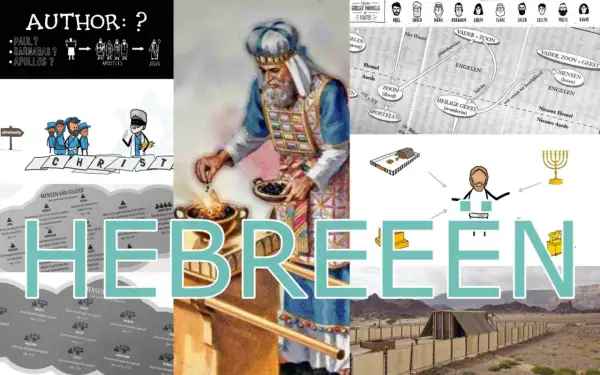 Een collage met Bijbelse afbeeldingen, waaronder een priester, een stamboom met Abel, en de tekst "HEBREËN".