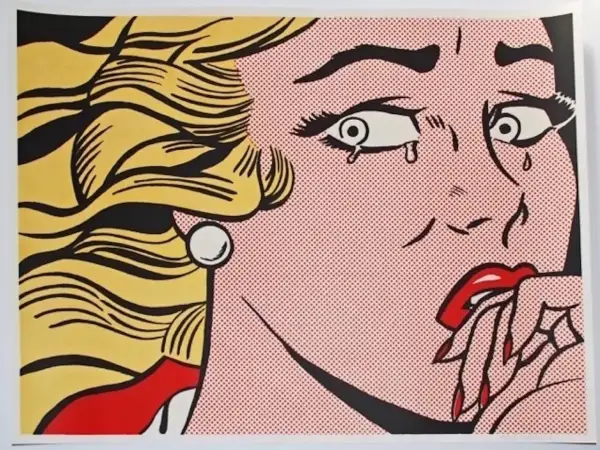 Een huilende vrouw in popart-stijl, kenmerkend voor de stijl van popart kunstenaars. Haar blonde haar wappert, met rode lippen en tranen in haar ogen.